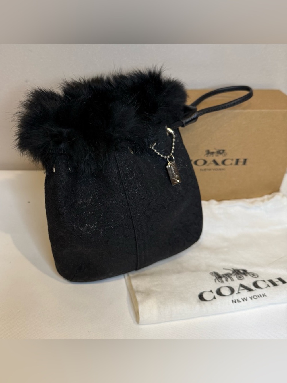 Coach Kinchaku Black Jaquard Mini C’s Rabbit Fur Trim Drawstring Wristlet 7176
